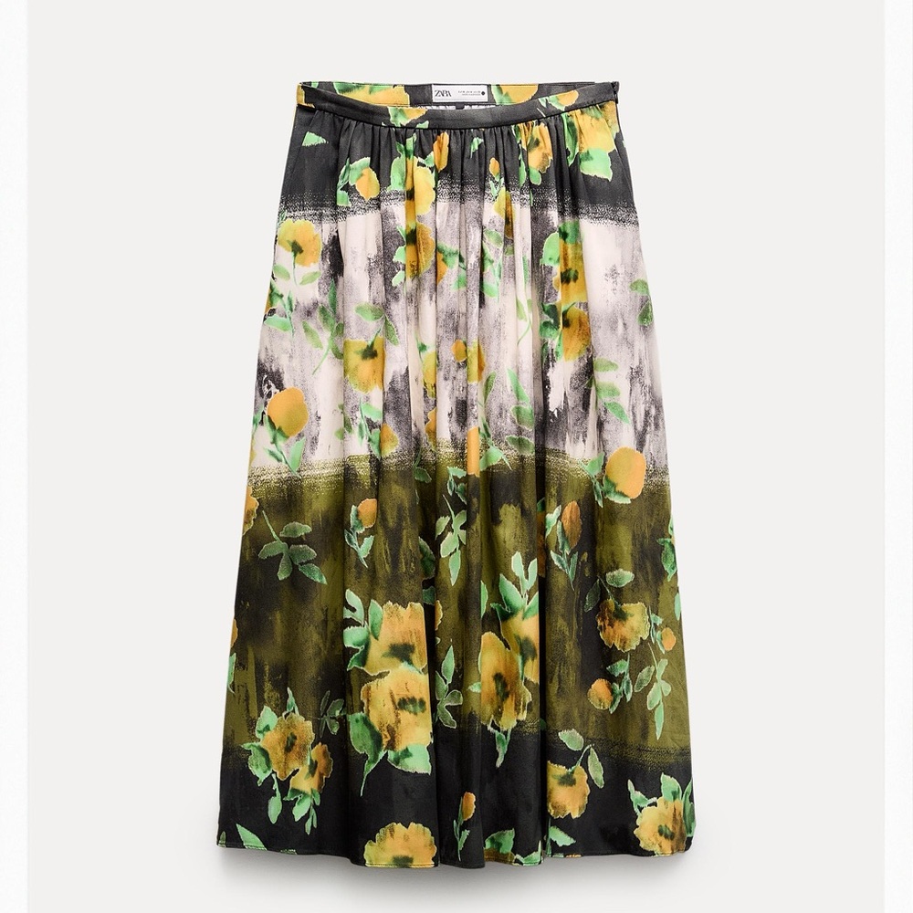 Zara Cotton Floral Print Skirt Black‎ and Green Sz XL Pockets 2516